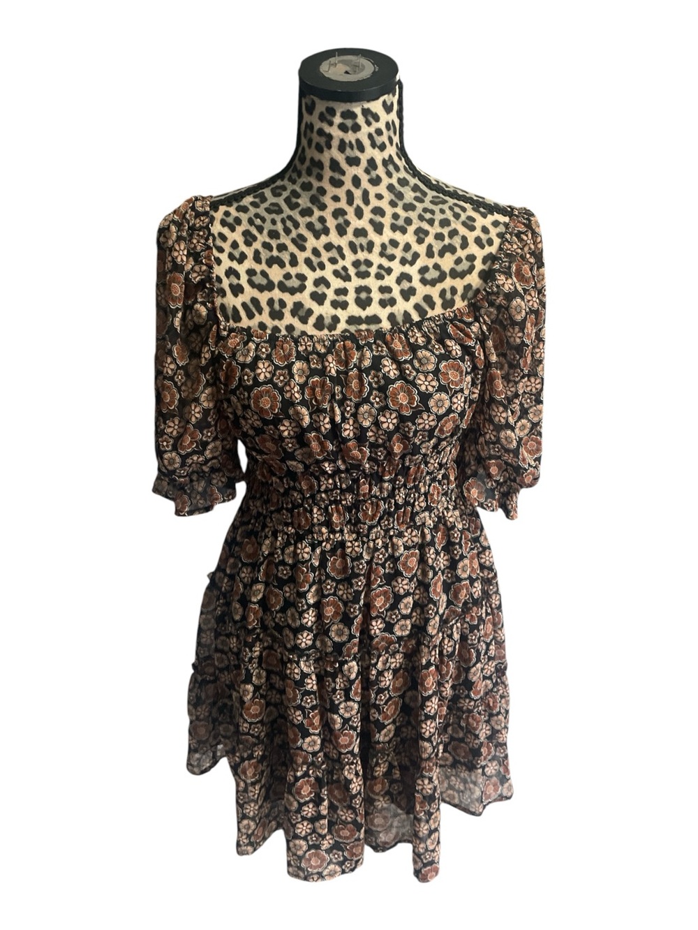 Trixxi Black Floral Short Dress with Brown and Cream Accents